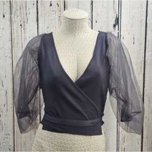 Charcoal Gray Wrap Top with Sheer Sleeves